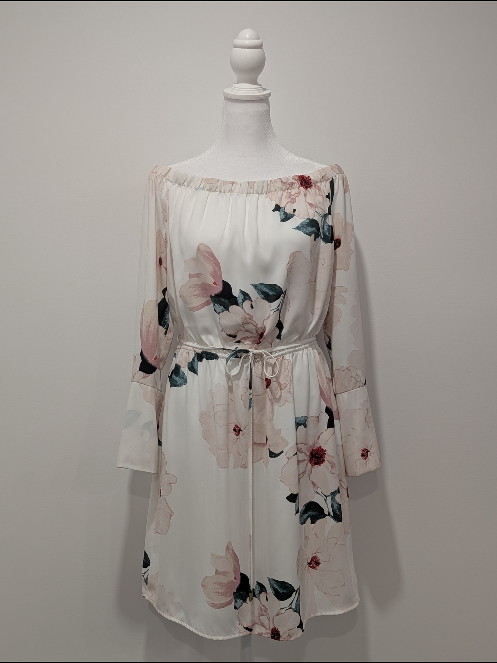Dynamite Floral Off-Shoulder Tie-Waist Long Sleeve Dress in White and Pink - Picture 2 of 10